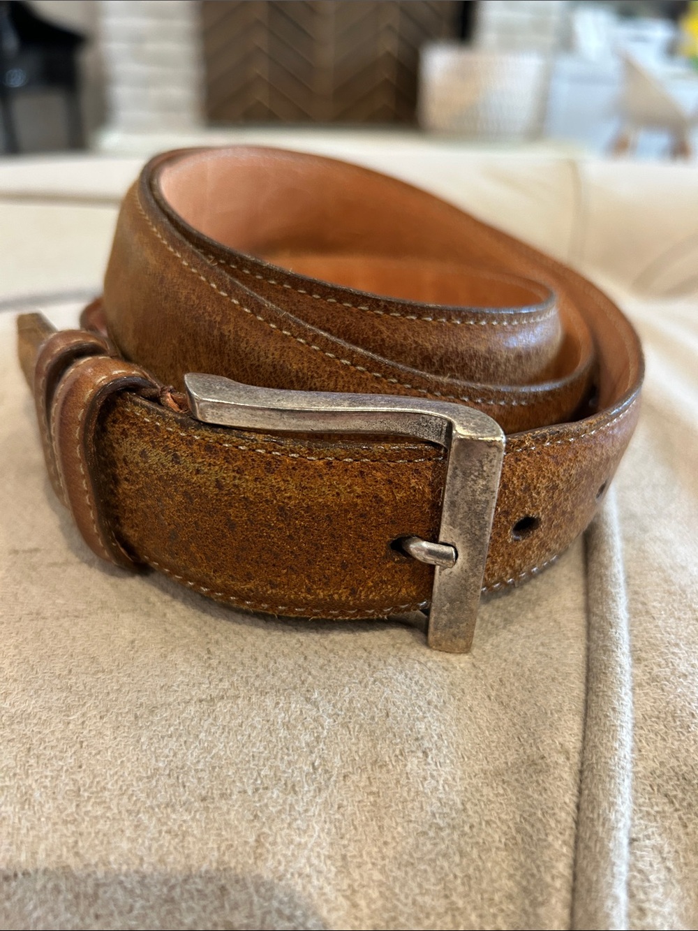 Martin Dingman Leather Belt with Distressed Silver Buckle - Burnt Cedar Color